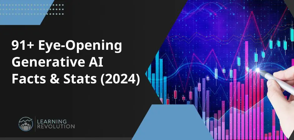 91+ Eye-Opening Generative AI Facts & Stats (2024) next to image of hand graphing data on line graph