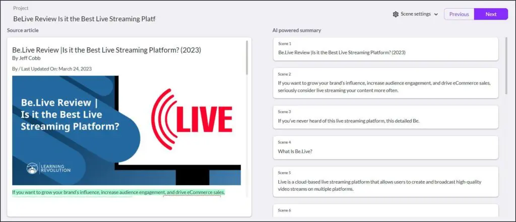 Project BeLive Review with source article image and a summary of different scenes