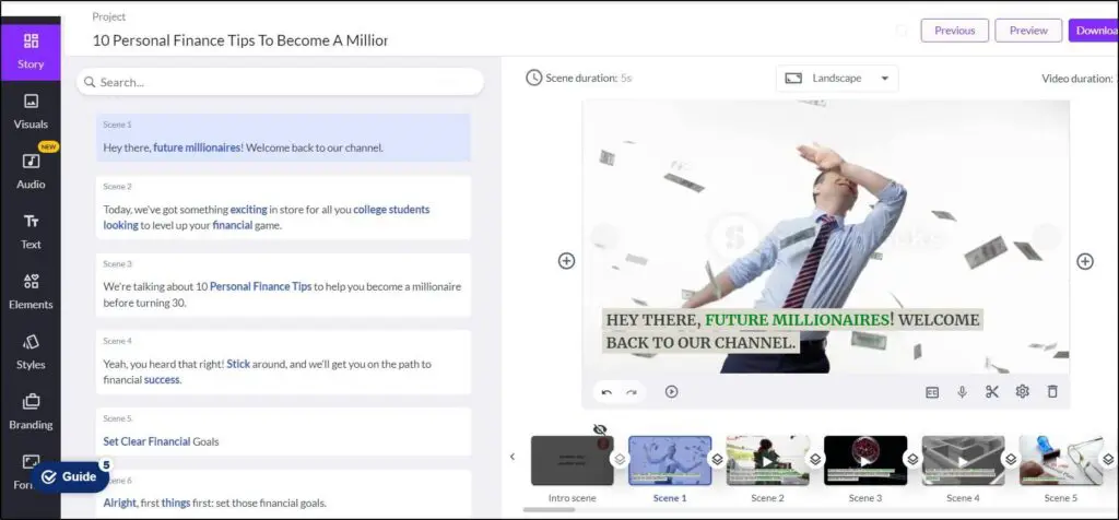 Story dashboard with scenes, and images for each scene on the right side