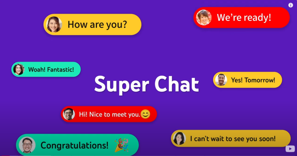 Super Chat text in middle of screen with text bubbles of different people's comments around it