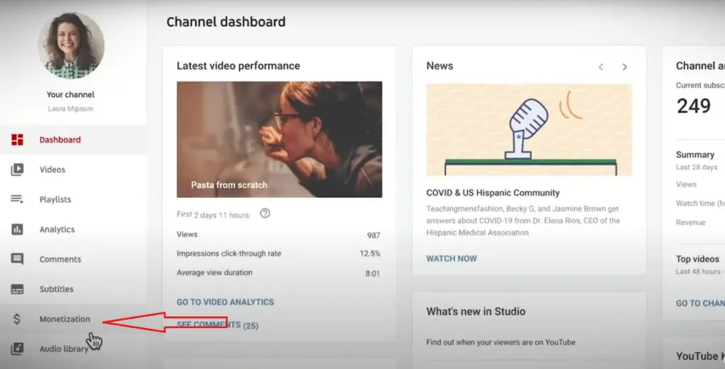 YouTube channel dashboard - red arrow pointing to menu on left "Monetization"