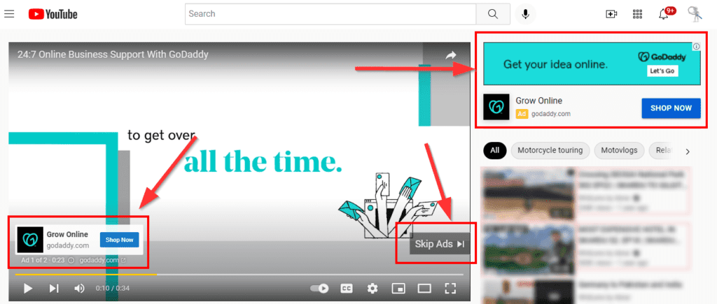 YouTube ad/Trueview ad example: 24:7 Online Business Support with GoDaddy with options to "skip ads" or "shop now"