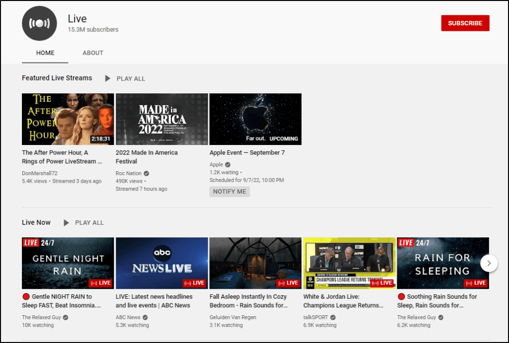 YouTube live channel Featured Live Streams
