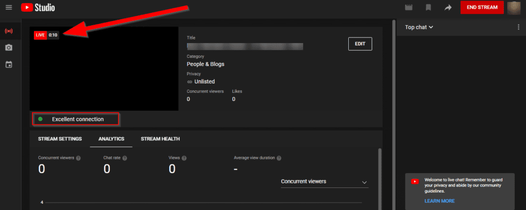 YouTube live studio with red arrow ponting at LIVE 0:10, and red box around Excellent connection
