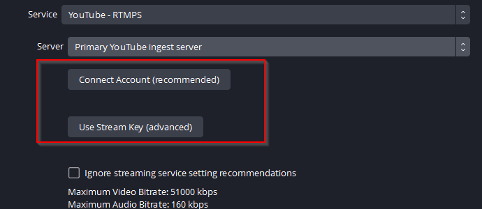 YouTube live with OBS menu, red box around Connect Account and Use Stream Key