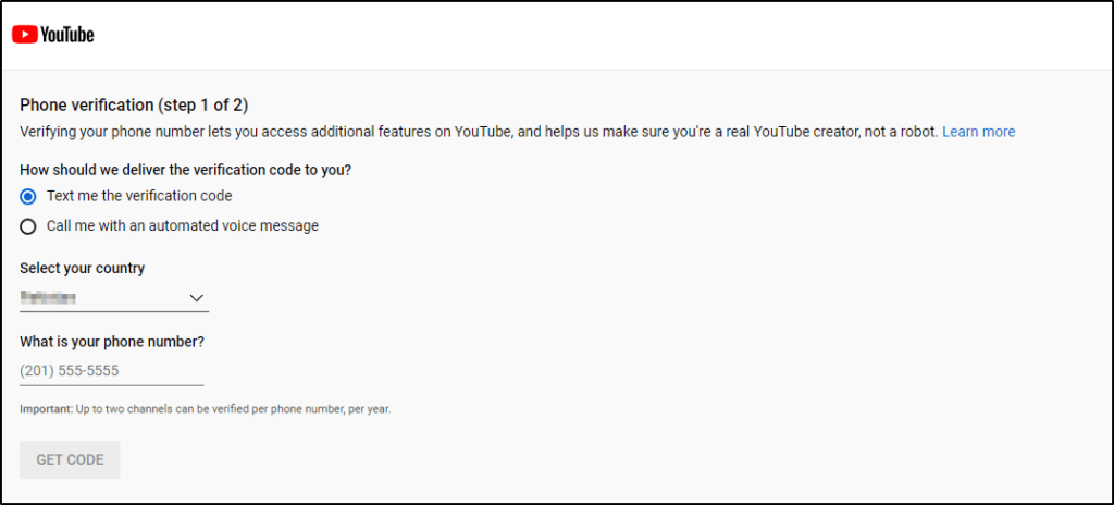 YouTube phone verification (step 1 of 2) menu