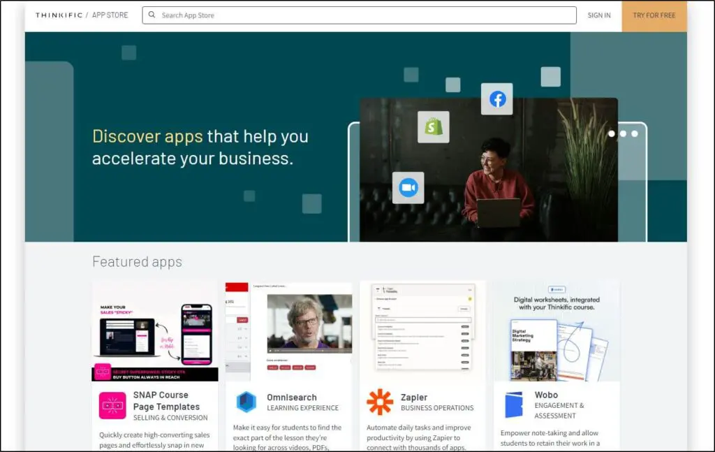 screenshot of the thinkific app store with featured apps 