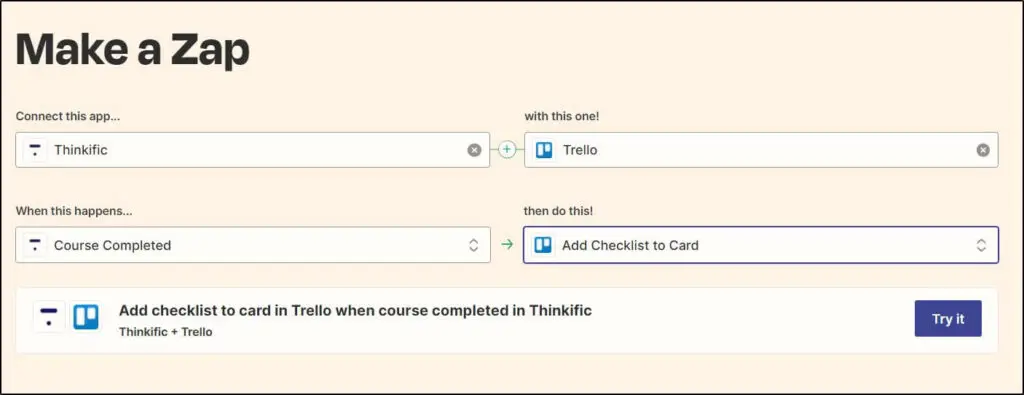 Make a Zap screen with Trello and Try It button