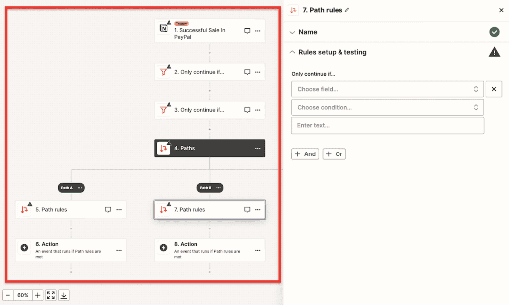 Red Box around Successful Sale in PayPal trigger
Black box 4. Paths
Path A and Path B
How to setup Path rules