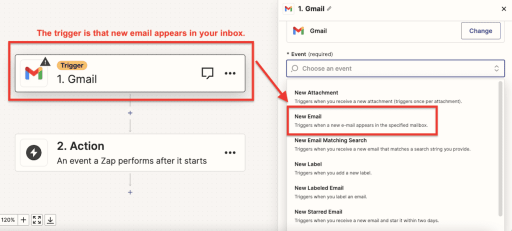 Screenshot
Gmail Trigger to New Mail
Red box around Gmail arrow around red box New Email