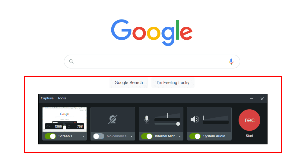 Camtasia page to choose which screen to record