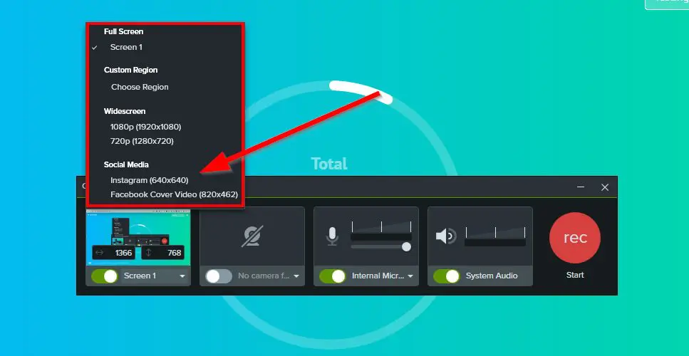 Camastia page to select recording social media options