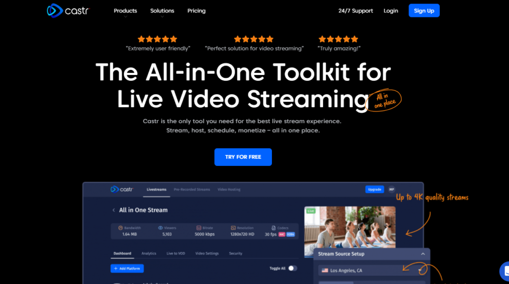 Castr live streaming software sign up page