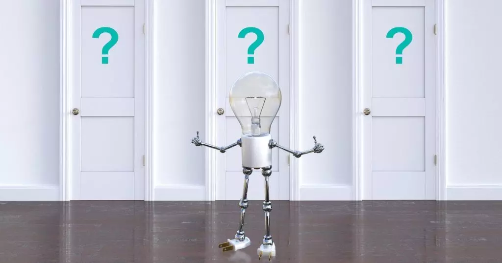 Light bulb with body in front of three doors with questions