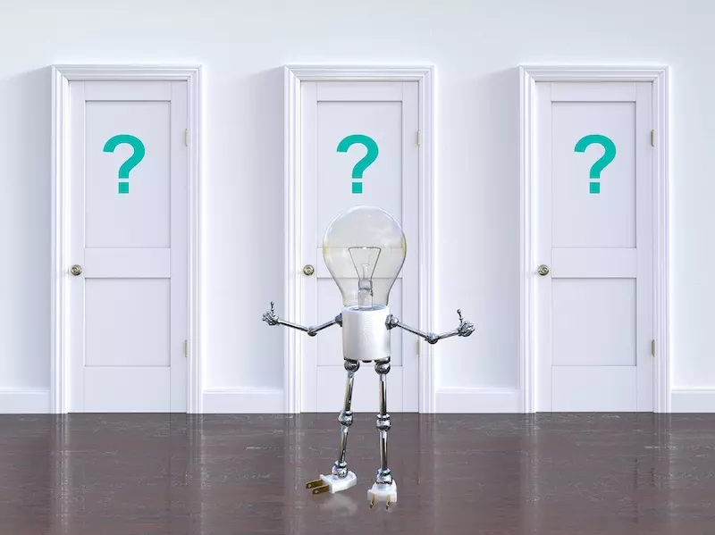 Light bulb with body in front of three doors with questions - how to choose an online learning platform concept