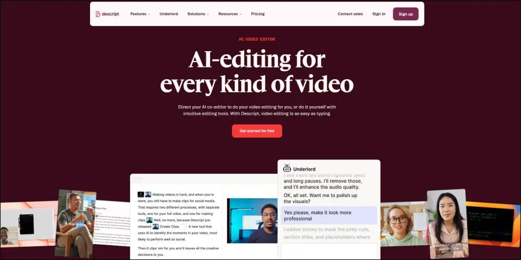 Descript video editor homepage