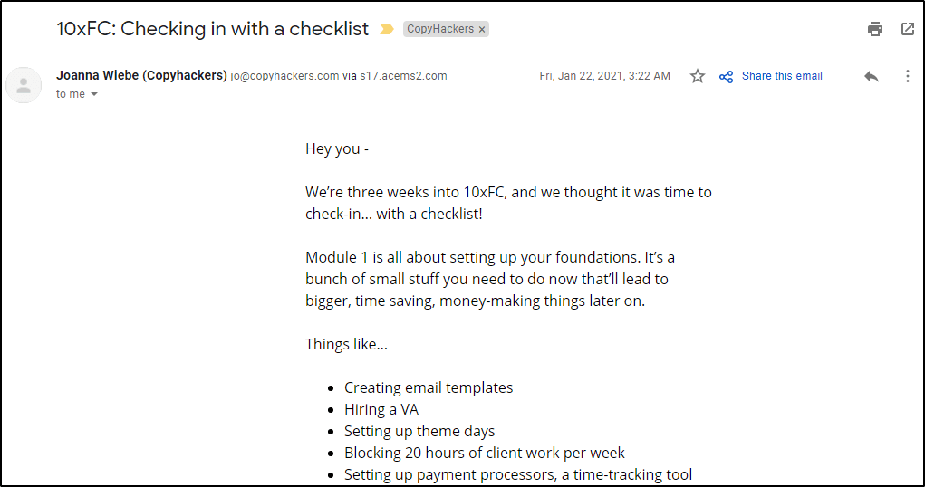 email from Joanna Wiebe from Copyhackers "10xFC: Checking in with a checklist"