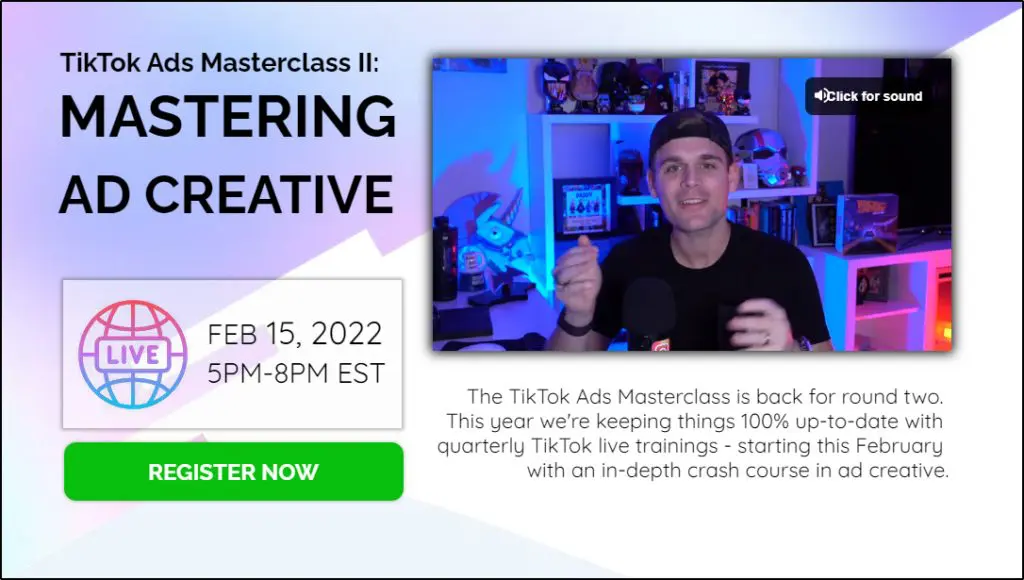 screenshot of Webinar landing page for TikTok Ads Masterclass II