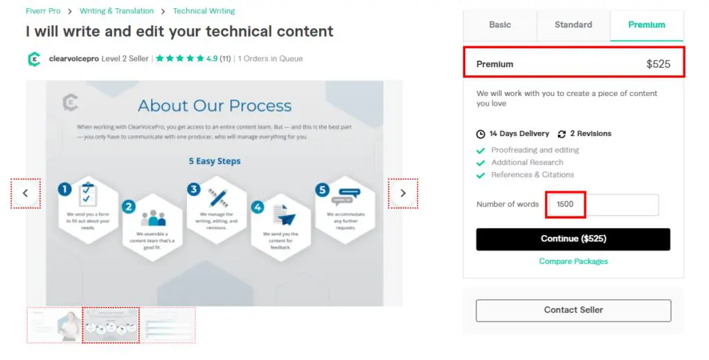 Example of a service provider on charging $525 for a 1,500 word article.