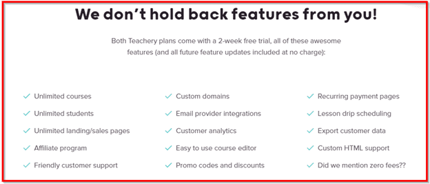 Teachery feature list