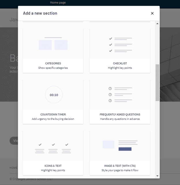 Thinkific page to add a new section to the website builder page