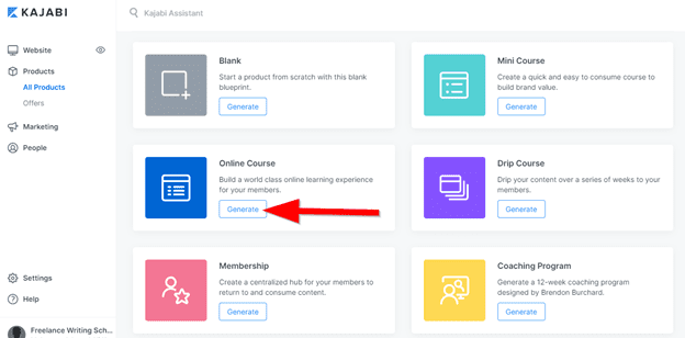 Kajabi page to select product template.