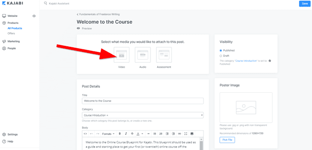 Kajabi course selection page to select modules or lessons.
