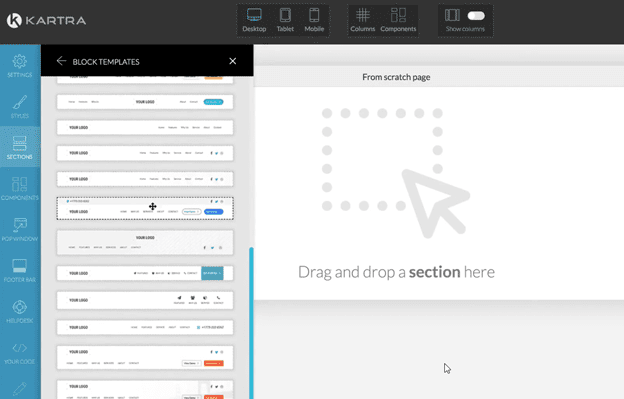 Kartra navigation menu page