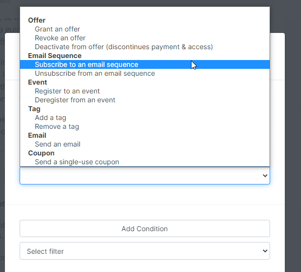 Kajabi's page to select email sequence option.