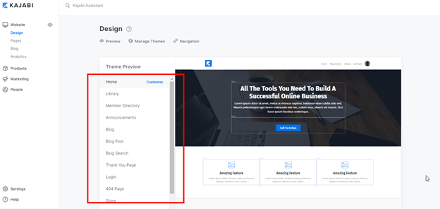 Kajabi's page for block options