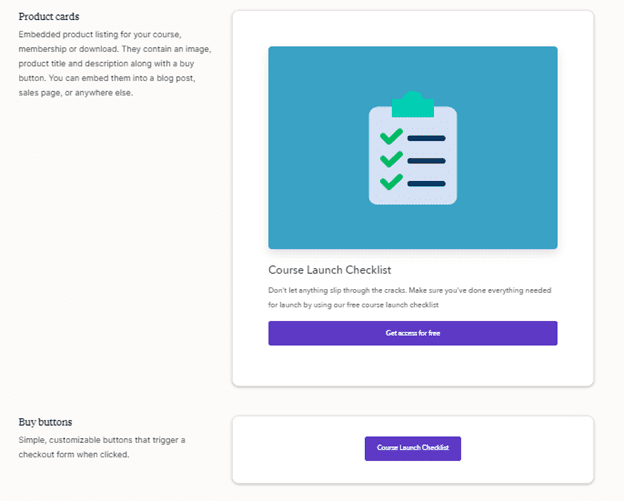 Podia page for embeddable product widgets.
