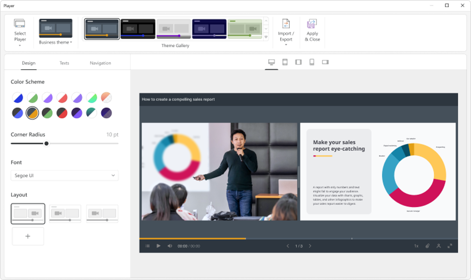 iSpring video editing tool menu. Options to choose color scheme, font, layout.