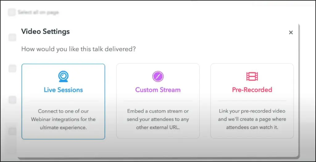 Video settings page - Live Sessions, Custom Stream, Pre-Recorded