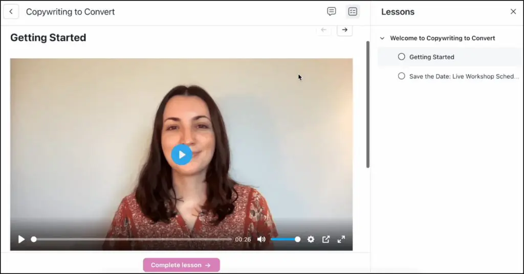Getting Started video as a lesson in "Welcome to Copywriting to Convert" 