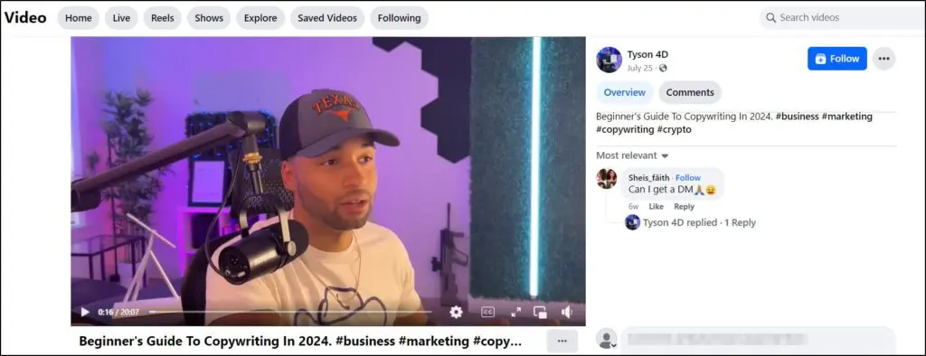 Video on Facebook; image of man with hat talking in microphone with title of video, "Beginner's Guide to Copywriting in 2024"