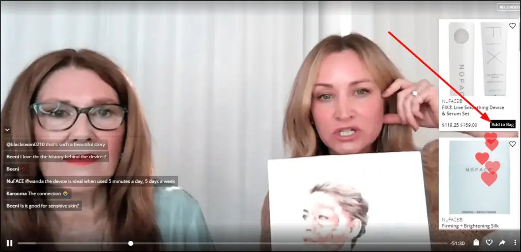 Nordstrom live shopping - two women selling products, red arrow pointing at product, add to bag, "Nuface" 