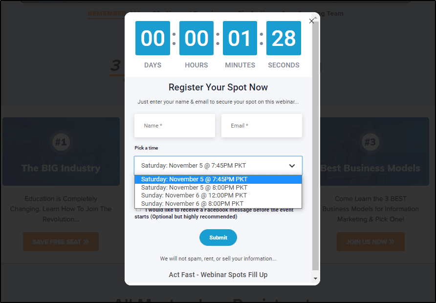 Anik Singal's "Register Your Spot Now" webinar countdown and sign up page - dropdown with different dates/times