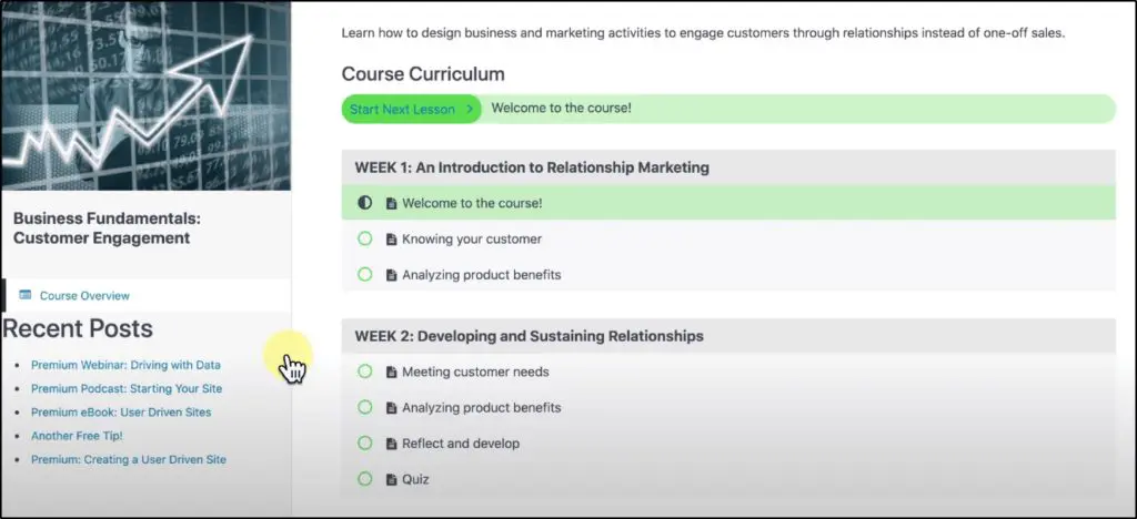MemberPress with WordPress plugin, course menu with "Course Curriculum", Week 1 and Week 2 courses