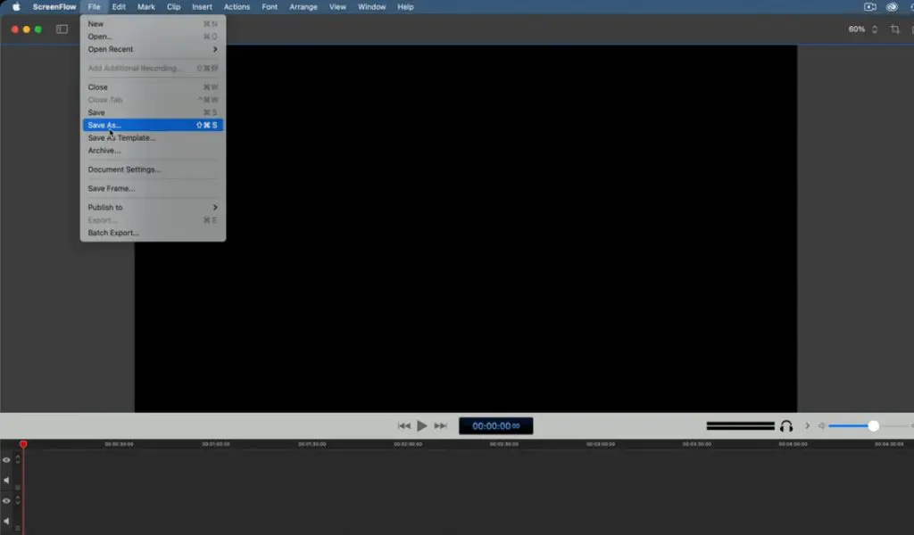 dropdown menu in ScreenFlow showing option to choose "Save As.."