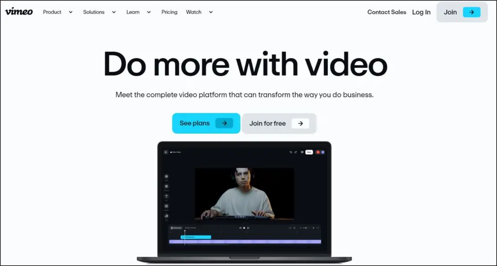Vimeo homepage image: Do more with video, option to see plans or join for free