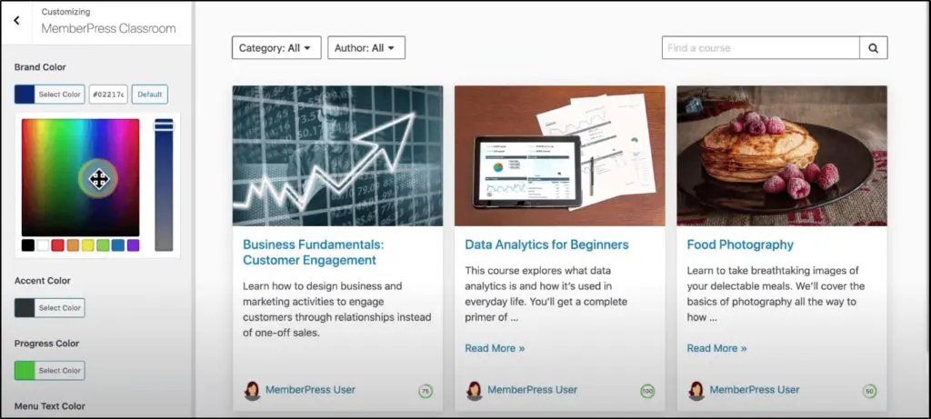 Customizing MemberPress Classroom - option to select colors next to courses menu