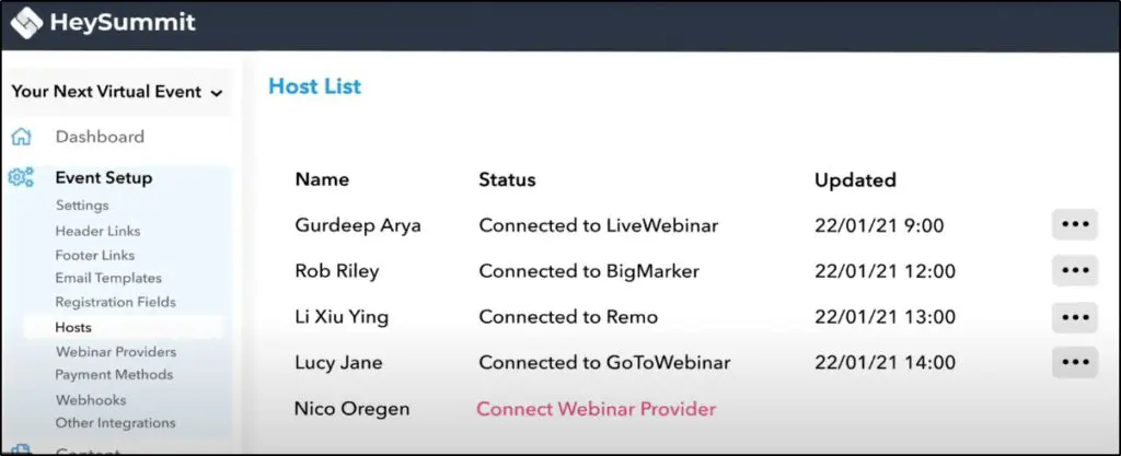 Host List page showing Name, Status, and Updated columns