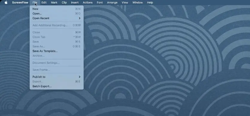 ScreenFlow dropdown menu showing File and option for "New"