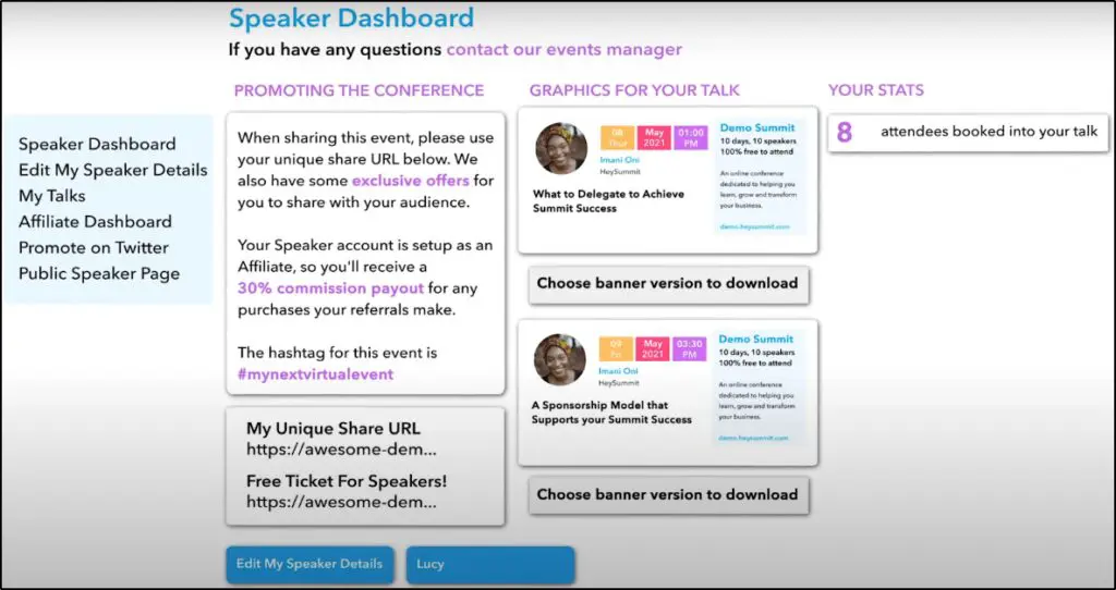 HeySummit speaker dashboard: Promoting the Conference, Graphics for your talk, Your Stats, etc.