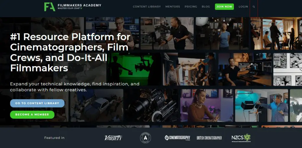 Filmmakers Academy home page - "#1 Resource Platform for Cinematographers, Film Crews, and Do-It-All Filmmakers", buttons to "Go to content library" or "Become a member"