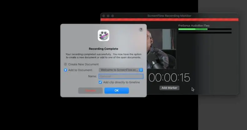 screenshot in ScreenFlow after recording is complete with "Add to Document" selected 