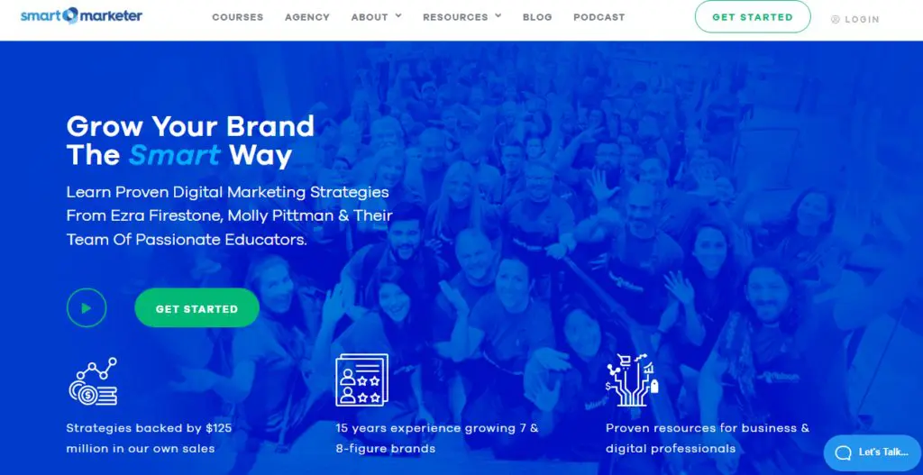 Smart Marketer home page - "Grow your Brand The Smart Way", button to "get started"