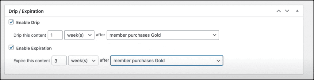  Drip/Expiration menu, boxes checked to "Enable Drip" and "Enable Expiration" with details of timing