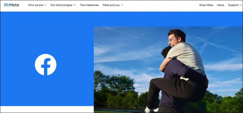 Meta homepage, Facebook logo next to image of person getting a piggyback ride