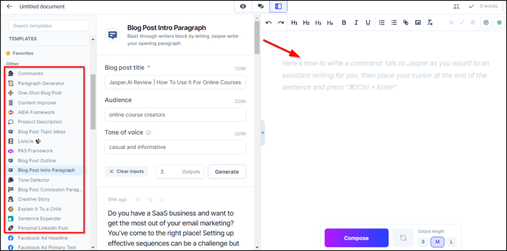 Blog Post Intro Paragraph selected on menu with red box around menu options and red arrow pointing at compose area to write.